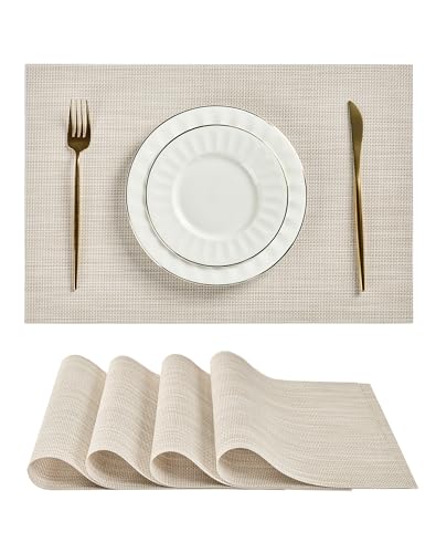 Leetaltree Beige White Placemats Set of 4 - Heat Resistant Non-Slip Place mats for Dining Table, Washable Durable PVC Vinyl Woven Table Mats(Beige White, 4)