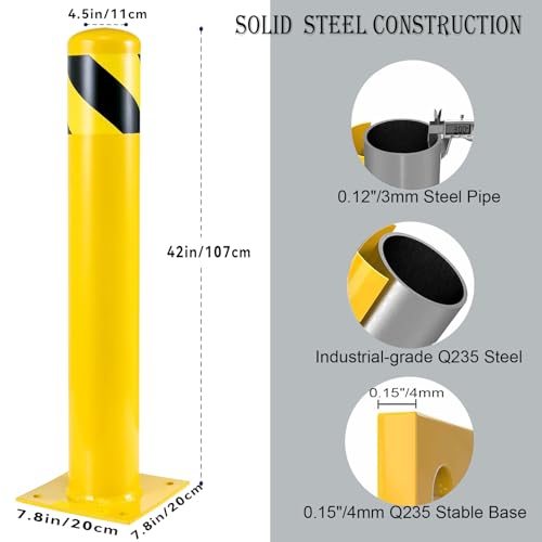 PULLAFUN 2-Pack Yellow Steel Safety Bollard 42" High, 4" Dia. Includes 8 Bolts & Wrench