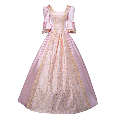 Victorian Dress for Women Renaissance Costume Masquerade Ball Gown Lace Overlay Floor Length Dress with Bell Sleeves