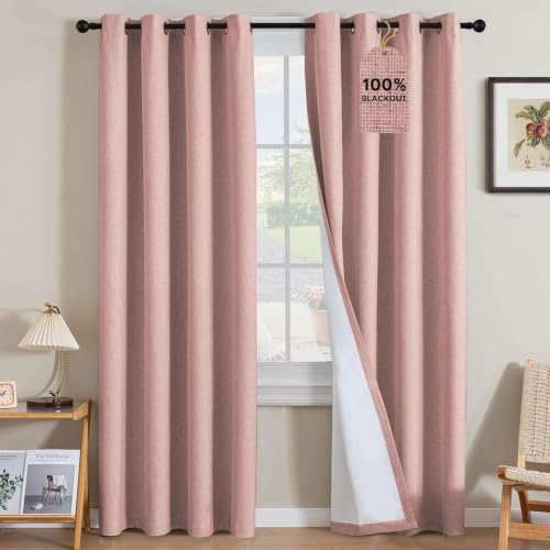 Image of H.VERSAILTEX Linen Curtains 100% Blackout Curtains for Bedroom 120 inch Long Full Light Blocking Nature Linen Blended Window Curtains for Living Room Nickel Grommet (2 Panels, Heathered Baby Pink)
