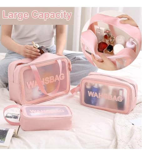 Image of Makeup Pouch Bag PVC Travel Toiletries Organizer Cosmetic Bags Wash Bag Pouch for Travel Kit Toiletry Bag Portable Organizer Case Carry Pouch for Women Bathroom Set of 3 (Pink)
