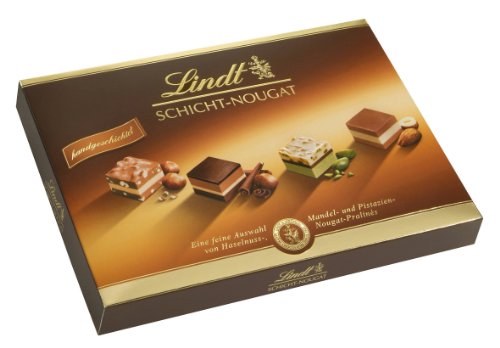 Lindt Schicht-Nougat Pralinés 125g, harmonisch abgestimmte Auswahl von Mandel-, Haselnuss-, und Pistazien-Nougat Spezialitäten, 125 g