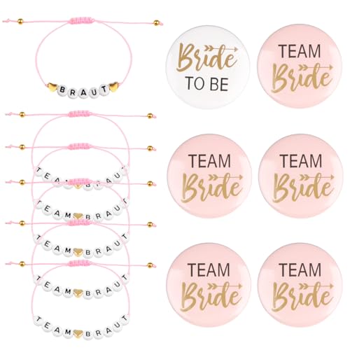 12 Stück Team Braut Armband JGA Armbänder Frauen 6 JGA Armbänder Braut & Brautjungfern und 6 Brautteam-Anstecknadeln Verstellbare Team Bride A-rmbänder Rosa für J-GA Hochzeit Begleitgeschenk