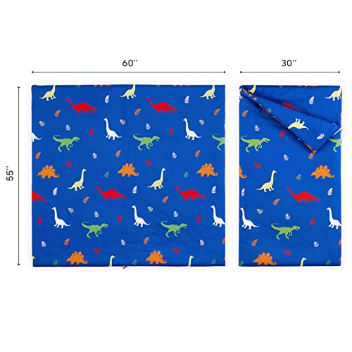 Wake In Cloud - Sleeping Bag Zippered, Nap Mat With Matching Pillow For Kids Boys Girls Sleepover Overnight Travel Slumber Bag, Colorful Dinosaurs Leaves On Blue, 100% Soft Microfiber #TOP1