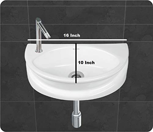 Image of Wash Basin Wall Hung Mounted Glossy Finish White Sink for Bathroom - (16 x 10 x 5 Inch)