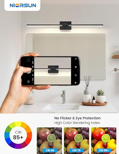 Image of NIORSUN 46.5 Inch Modern Bathroom Light Fixture, 40W 5CCT Dimmable LED Black Bathroom Vanity Lights Over Mirror, Vanity Lights for Bathrooms Restroom Mirror