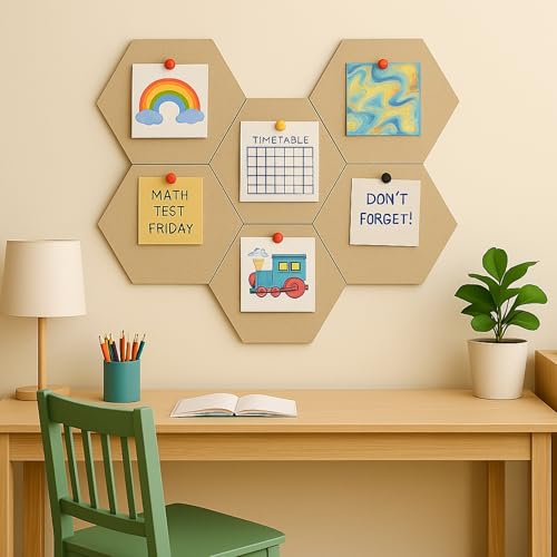 Image of MMT Acoustix PinFelt Hexagon Bulletin Board - Set of 7 12x12 inch Felt Office Pin Board Tiles for Notes Reminders & Work Organisation Self-Adhesive, Pin-Friendly, Acoustic Panels for Wall (Sand)
