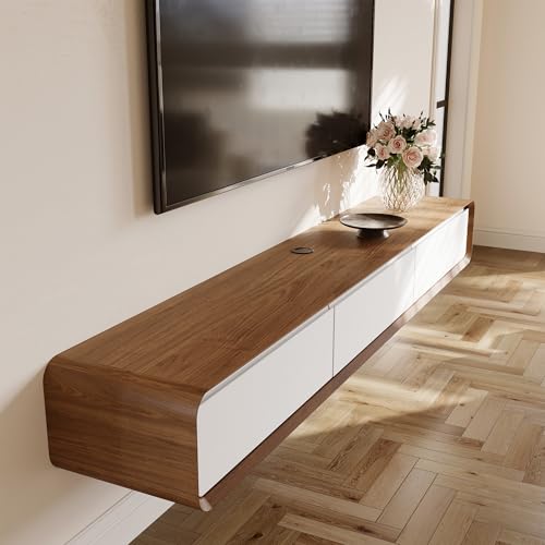 POVISON Meuble TV Suspendu 200cm, Meuble TV Flottant avec Rangement 3 Tiroirs, Table TV Bois et Blanc, Entièrement Assemblé, 200 * 37 * 25CM