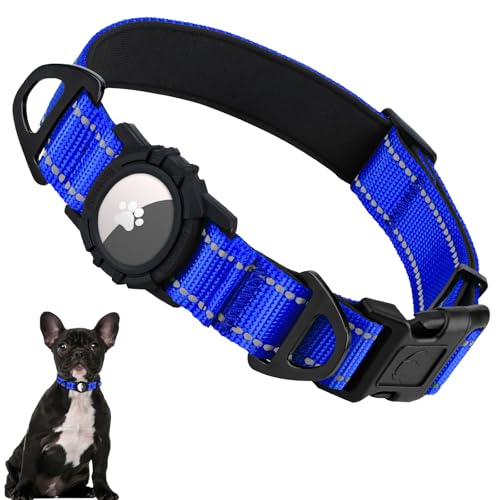 Taglory Reflective AirTag Dog Collar with Airtag Holder, Dual D-Rings, Safety Locking Buckle Durable, Adjustable Soft Padded for Small Dogs, Navy Blue, S