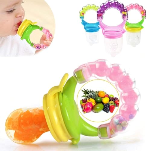 Image of BabyGo Silicone Fruit Food Nibbler & Infant Teether Set | BPA-Free Pacifier Feeder with Soft Nipple Gum Soother, Baby Chew Toy for Teething Relief & Oral Development (Pack of 2, Multicolor)