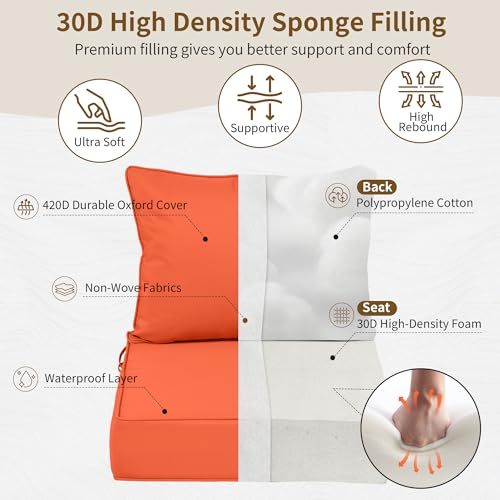 Image of 22x24 Outdoor Chair Cushions Set of 4, Waterproof Deep Seat Cushions for Patio Furniture with Removable Cover, Fade Resistant 4'' Outdoor Seat Cushion w /Ties&Handle for Sofa Loveseat, Orange