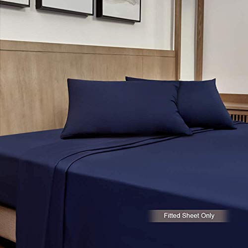 Family Bedding Cotton Thick Jersey King Bed Fitted Sheet, 160 cm x 200 cm, Navy