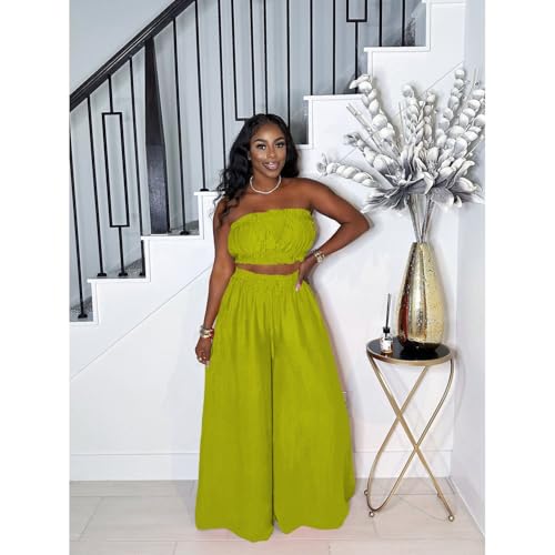 Image of Two Piece Sets for Women Summer Outfits Crop Tops and Wide Leg Pants Sets Sexy Jumpsuits Vacation Outfits with Pockets