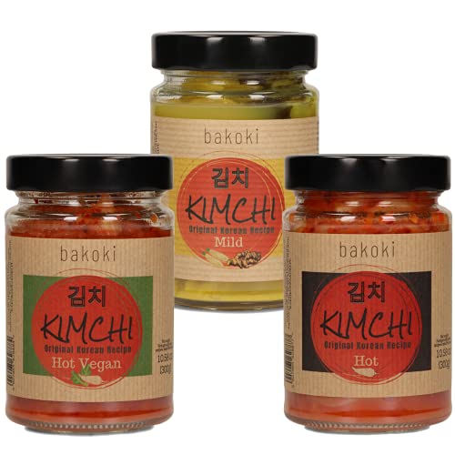 Bakoki Set Kimchi 3×300 g – Hot (Gochugaru) · Hot Vegan · Mild (Baek alla curcuma) – fermentato tradizionalmente, probiotico, include variante vegana, senza additivi artificiali – Confezione da 3