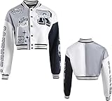 NICNZQI Girls Crop Varsity Jacket Print Color Block Bomber Jacket Casual Button Down Baseball Coat (Grey,14 Years)