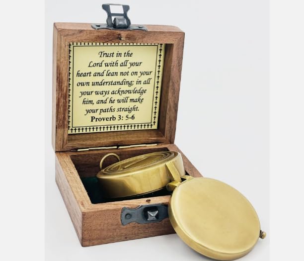Brújula de latón antigua con proverbios 3:5-6 – Regalo inspirador con caja de madera miniatura 7