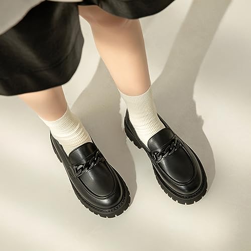 Image of Chunky Loafers Women Platform Loafers for Women Chunky Heel Lug Sole Loafers for Women Slip ons Round Toe