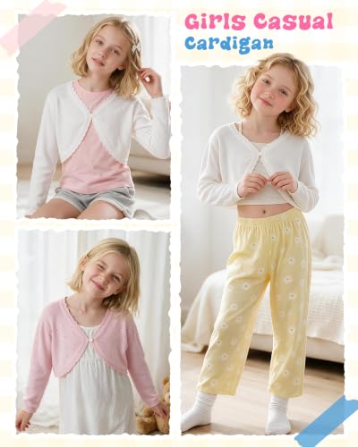 Image of Girls Cardigan, Girls Bolero Shrug Sweater, Kids Knit Hollow Out Long Sleeve, Button Cover Up Cropped Tops