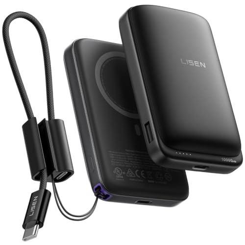 LISEN Qi2.2 25W for Magsafe Power Bank 65W USB C Fast Charging 10000mAh Magnetic Wireless Portable Charger with Detachable Cable Small Battery Pack Compatible with iPhone 15/16/17 (Black)