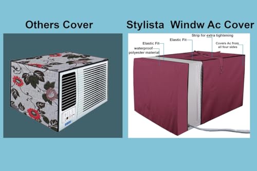 Image of Stylista Window ac Cover Suitable for O-General 1.1 Ton AMGB12FAWA, Maroon Color Elastic fit Cover for Front and Rear of Window Ac