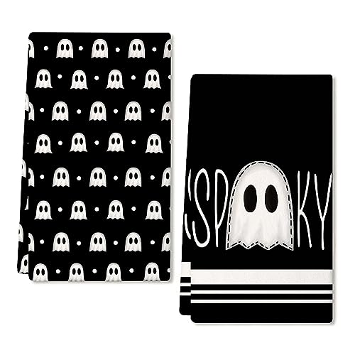 ARKENY Halloween Kitchen Dish Towels Set of 2,Black Ghost Bowknot