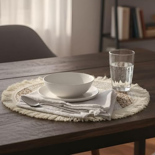Image of HomeCloud Croshia Woven Table placemat - Heat Resistant, Washable Table Decoration for Dining, Office, Kitchen, Hotel, and Home (Round White Baige, Set of 1)