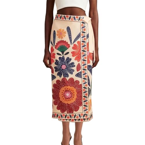 Womens Floral Wrap Midi Skirt Summer Adjustable Tie Side Casual High Waist A Line Beach Boho Long Flared Skirts