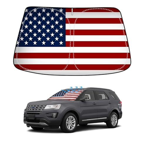 American Flag Car Windshield Sun Shade Compatible with Ford Explorer SUV 2011-2019, Foldable...