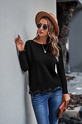 VOTEPRETTY Women's Boat Neck Fall Sweater 2022 Long Sleeve Tassel Solid Loose Casual Knit Pullover Tops2