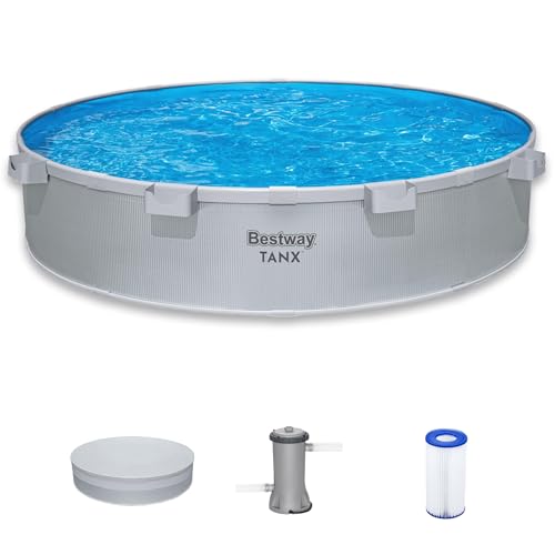 Bestway TANX 10 x 24 Stock Tank Pool Round Galvanized Steel Above Ground Pool Set with Filter Pump Filter Cartridge (Type III) Pool Cover and Cup Holders Semi-Permanent Metal Steel Wall Pool