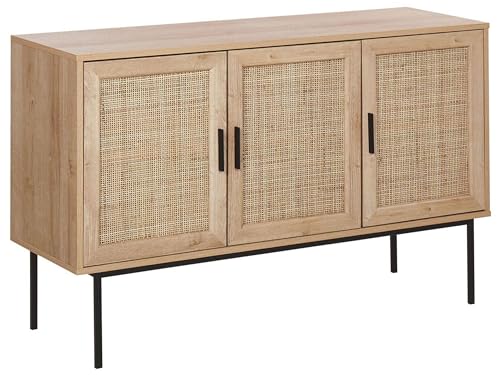 Beliani Modernes Sideboard 3 Rattan-Türen Heller Holzfarbton Schwarze...