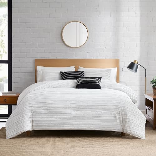 Image of Modern Threads Dixie White Jacquard Comforter Set - 5 Piece Textured Bedding with Decorative Pillows & Shams, Soft All Season Farmhouse Bed Set, Bright White with Graphite Stripes, King