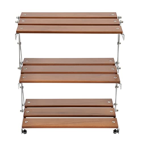 Gagalayong BBQ Shelf, Folding Grill Storage Rack, 3-Tier Wood Desktop Camping Shelves, Metal Foldable Lightweight Storage Shelving Unit (22.05 lbs Load Capacity), Steel Organizer Stand for Outdoor