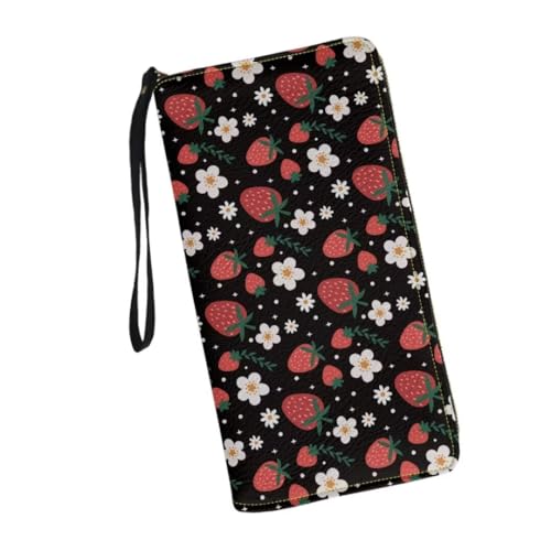 Black Leather Wallet Women Strawberry Floral Print Fashion Clutch Coin Purse Large Capacity Long Wallet With Wristlet Strap3