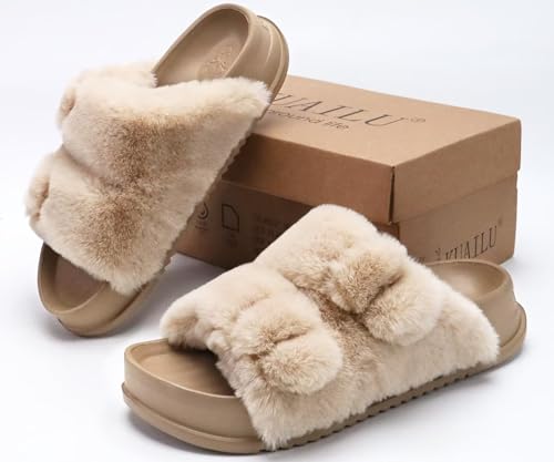 Image of KuaiLu Women's Fluff Slippers Plantar Fasciitis Arch Support Platform Slippers Ladies Fashion Open Toe Faux Fur Sliders Womens House Slipper Size 6-12
