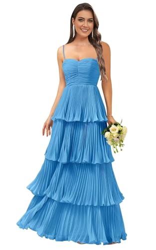 Chiffon Tiered Ruffle Bridesmaid Dresses for Women Long Spaghetti Straps Pleated Formal Evening Party Gown