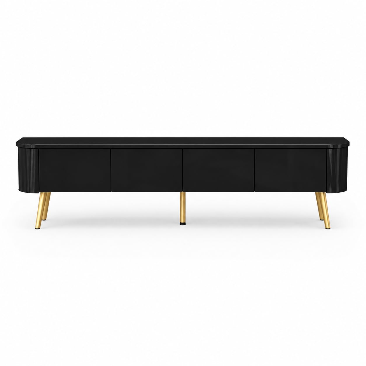 Mobile TV basso nero lucido con LED a 3 colori, 140 x 24 x 36 cm, da appoggiare o da parete, mobile TV con cassetto, scomparti laterali e gambe dorate