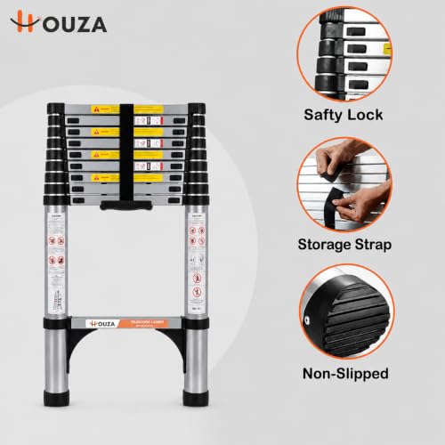 Image of HOUZA 3.9m (13 ft) Steel Telescopic Ladder | 10-Step Foldable Extension Ladder | Portable & Collapsible Ladder for Home, Industrial & Outdoor Use | EN131 Certified | 1 Year Warranty(Silver & Black)