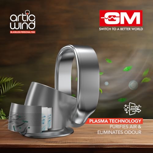 Image of GM Artic Wind Bladeless Personal Fan with Digital Display, Remote Access, Purifies Air & Eliminates Odour, 9-Speed BLDC Motor, Wi-Fi Control, Table /Wall Mount, 8 Hours Timer, 25-Month Warranty - Grey