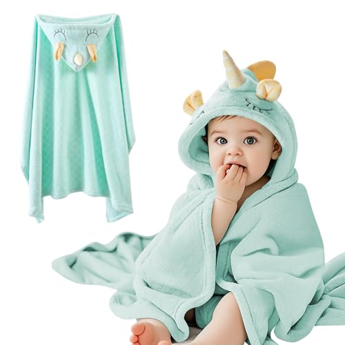 Image of Baby Hooded Towel - Ultra Soft Coral Fleece Bath Towel for Newborn to Toddler (0-5 Years), 32 inch x 50 inch Large Super Absorbent Kids Beach Swim Poncho - Unicorn Green