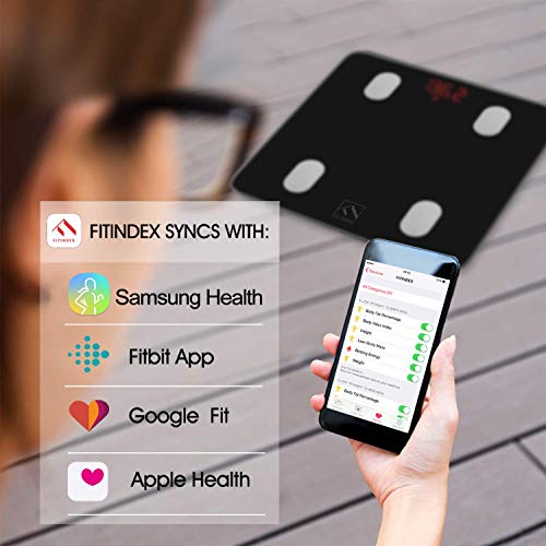 FITINDEX Bluetooth Body Fat Scale, Smart Wireless BMI Bathroom Weight Scale Body Composition Monitor Health Analyzer with Smartphone App for Body Weight, Fat, Water, BMI, BMR, Muscle Mass - Black