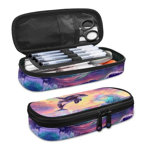Image of Rainbow Orca Whale Pencil Case for Girls Lightweight Pen Box Pencil Cases for School Office Zippered Pencil Pouch for Supplies and Accessories