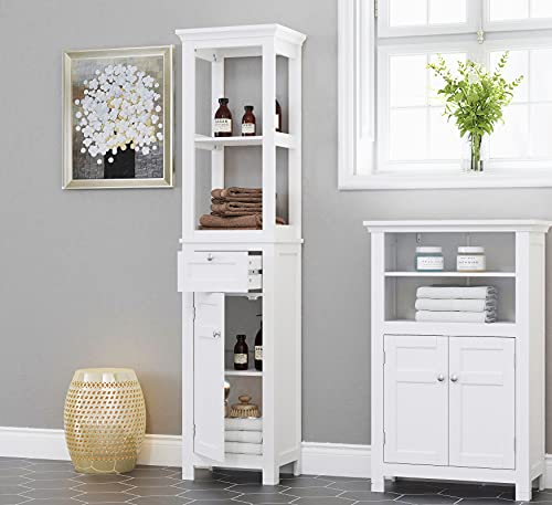 Spirich Home Bathroom Freestanding Storage Cabinet with Two Tier Open Shelves, Tall Slim Cabinet with Door and Drawer, Floor Linen Tower (White) - Thumbnail 4