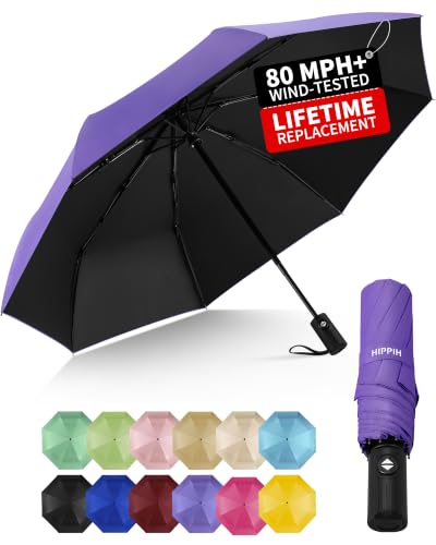 HIPPIH Compact Travel Umbrella for Rain - Windproof Automatic Umbrellas UV Umbrella for Sun Protection with Black Anti-UV Coating Portable Small Umbrellas for Backpack Car Walking Kids Women