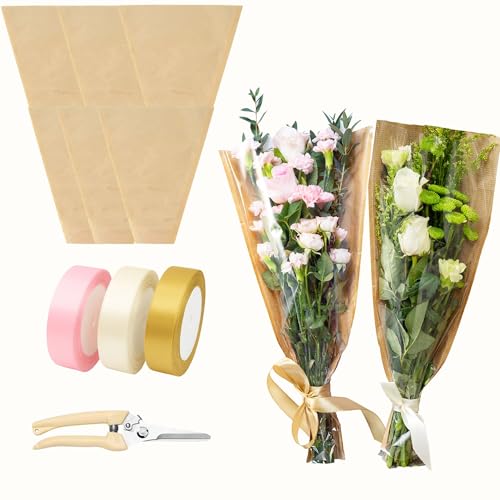 Rochoseng 50PCS Kraft Flower Sleeves for Bouquets, Easy DIY Flower Wrapping Kit with Ribbons and Scissors, Gift Wrapping for Flowers, 17.9 x 9.8 Inches