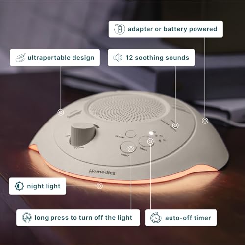 homedics sleep better portable sound machine night light12 soothing sounds including white noise rain and thunderstorm ultra-portable design auto-off timer ideal for travel amp baby sleep cream