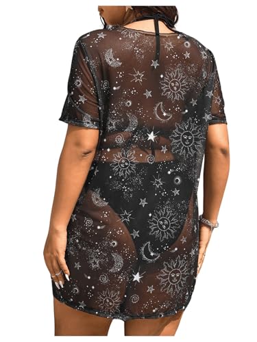 Floerns Women's Plus Size Short Sleeve T Shirts Galaxy Print Sexy Sheer Mesh Rave Festive Concert Going Out Cover Up Tops2