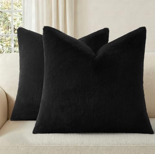Pallene Faux Fur Plush Throw Pillow Covers 18x18 Set of 2 Luxury Soft Fluffy Cozy Decorative Pillow Covers for Sofa Couch Living Room Black