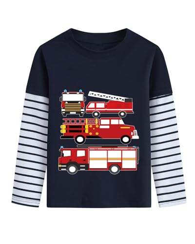 Langarmshirt Jungen Winter Feuerwehrfahrzeug Pullover Longsleeve Tshirt Kinder Langarm Shirt 4 5 Jahre Gestreifte Ärmel Baumwolle Tops Dunkelblau Gr.110