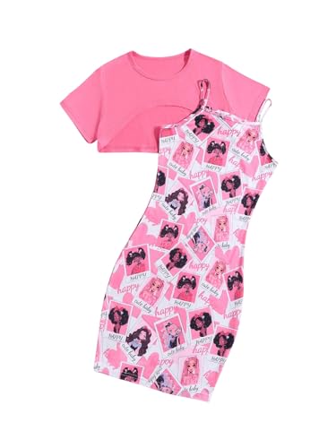 Image of SHENHE Girl's 2 Piece Outfit Crewneck Short Sleeve Crop Tee Tops and Heart Print Cami Dress Set Hot Pink 10Y